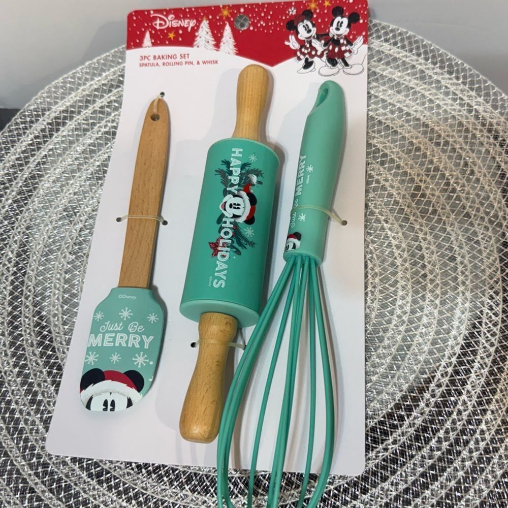 Disney Mickey Mouse Christmas Baking Set Spatula, Rolling Pin, Whisk Set - 3 NWT